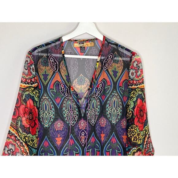 Desigual Rugos Embroidered Geometric Sheer Chiffon Kaftan Blouse Multi Women's M - Picture 5 of 9